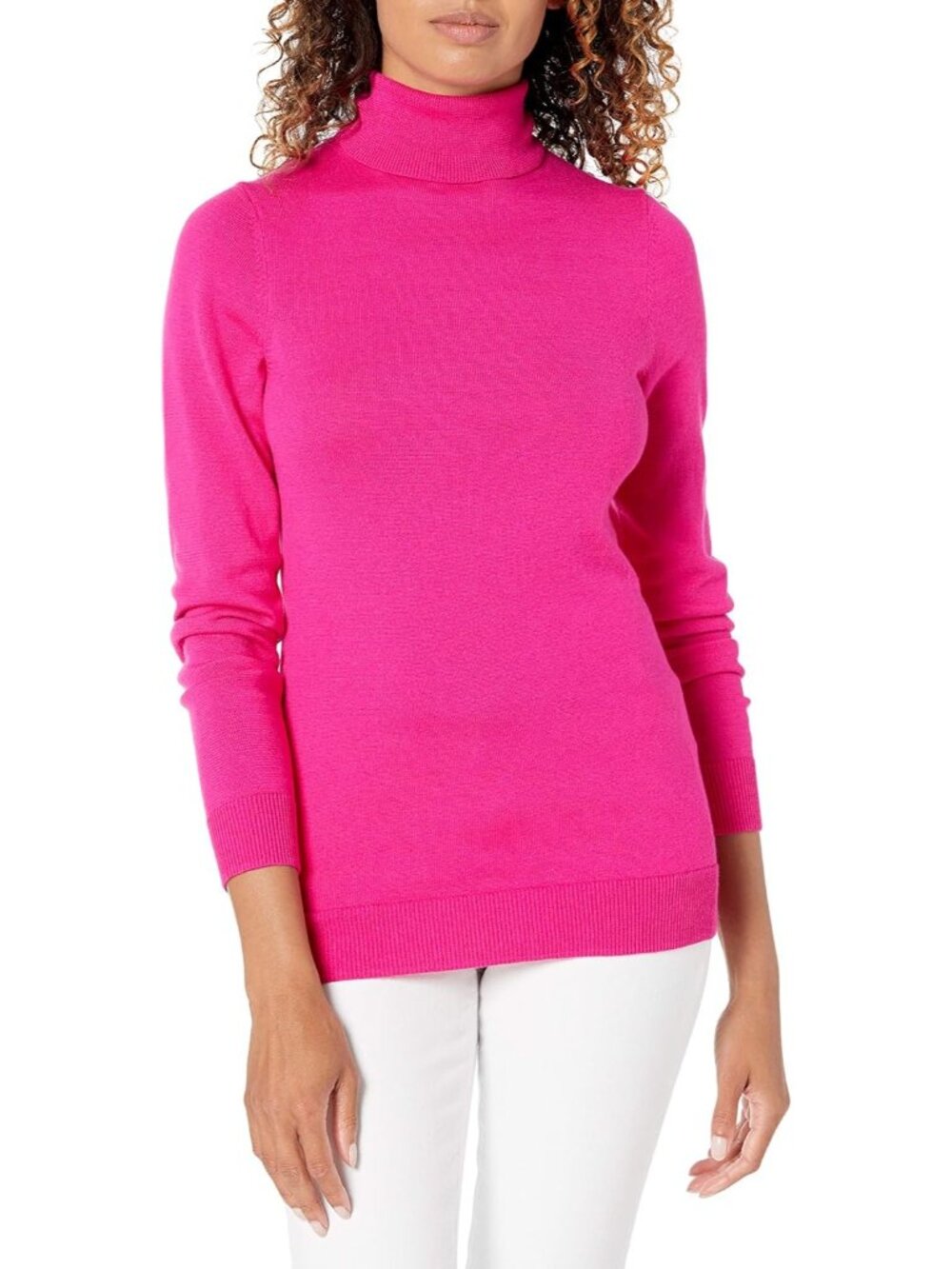Women's Pink Classic Long Sleeve Turtle Neck Lightweight Pullover Sweater